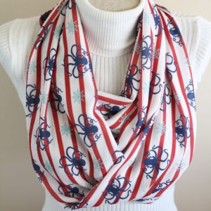 Octopus Scarf with Blue Sea Creatures and Red Stripes